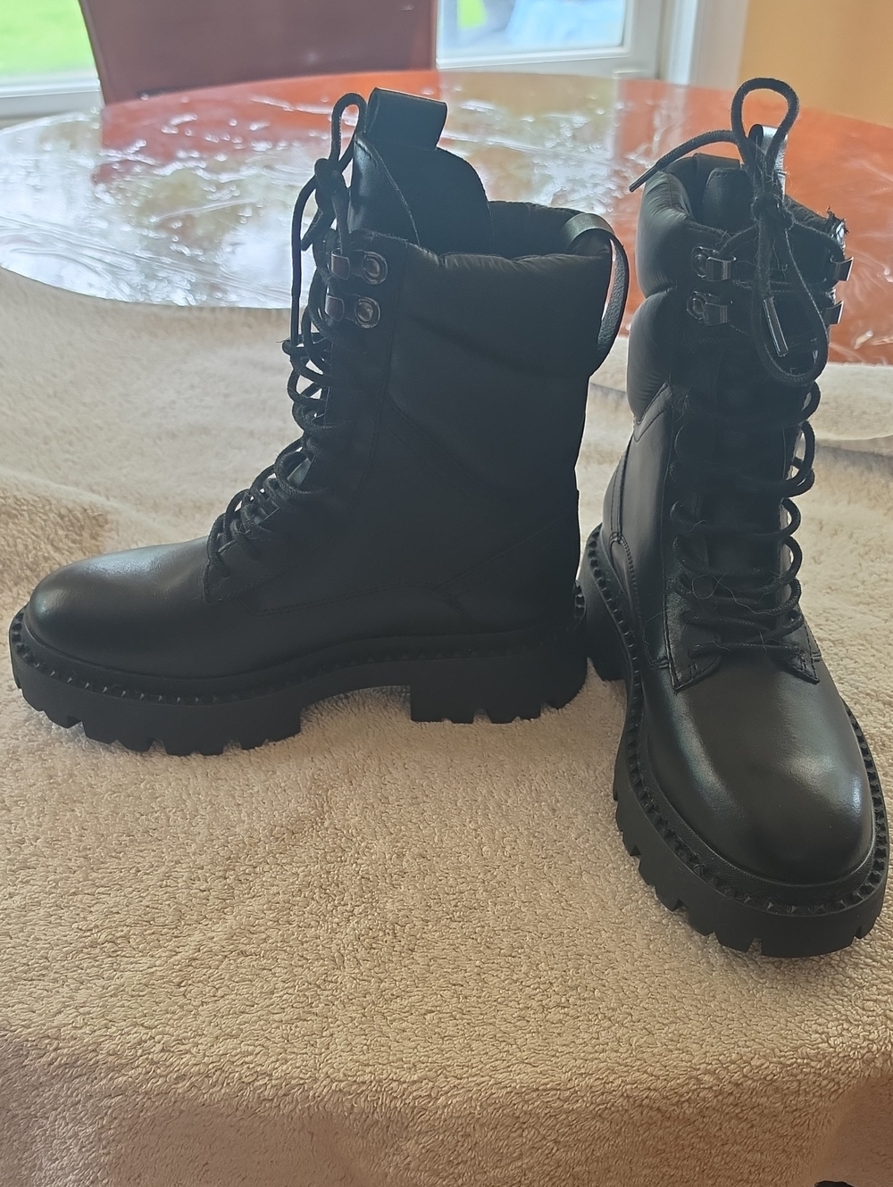 Ash Black Leather Lace-Up Combat Boots